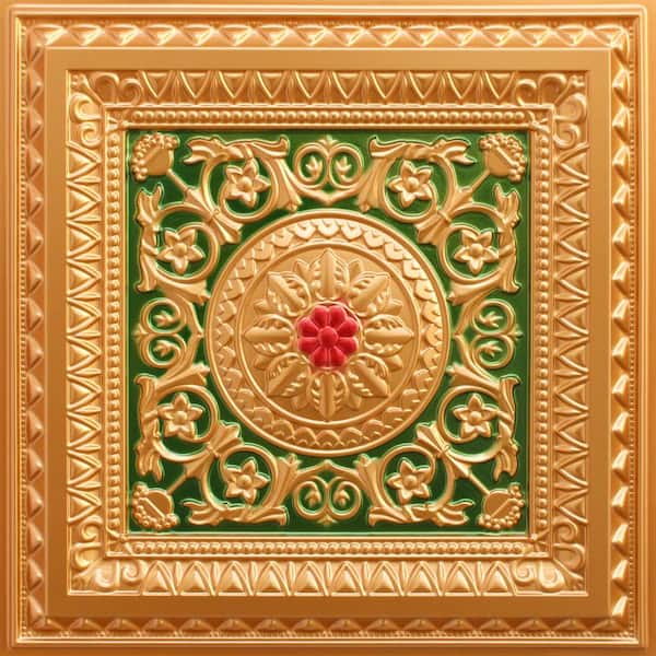 Dundee Deco Falkirk Perth Gold-Green-Red 2 ft. x 2 ft. Decorative Victorian Glue Up or Lay In Ceiling Tile (40 sq. ft./case)