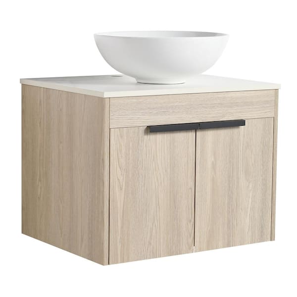 WELLFOR 24 in. W x 23 in. D x 19 in. H Single Sink Wall Mounted Bath Vanity in Oak with White Ceramic Top