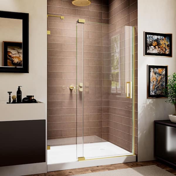 44-48 in. W x 70 in. H Frameless Pivot Shower Door in Brushed Gold with 5/16 in. Clear Glass