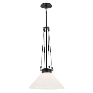 Albers 18.25 in. 1-Light Black Modern Kitchen Island Pendant Hanging Light with Opal Glass