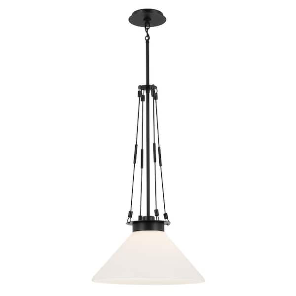 Albers 18.25 in. 1-Light Black Modern Kitchen Island Pendant Hanging Light with Opal Glass