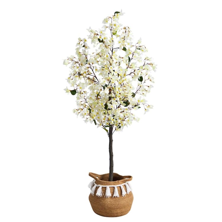 Nearly Natural 5-ft Artificial Bougainvillea Tree with Handmade Jute & Cotton Basket with Tassels, White