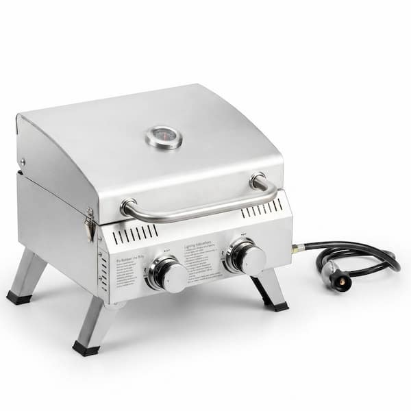 2-Burner 15000 BTU Stainless Steel Portable Propane Grill Tabletop Grill in Stainless Steel with Lid