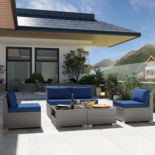 Gardenbee 6-Piece Wicker Outdoor Patio Sectional Sofa Conversation Set with Coffe Tables and Blue Cushions