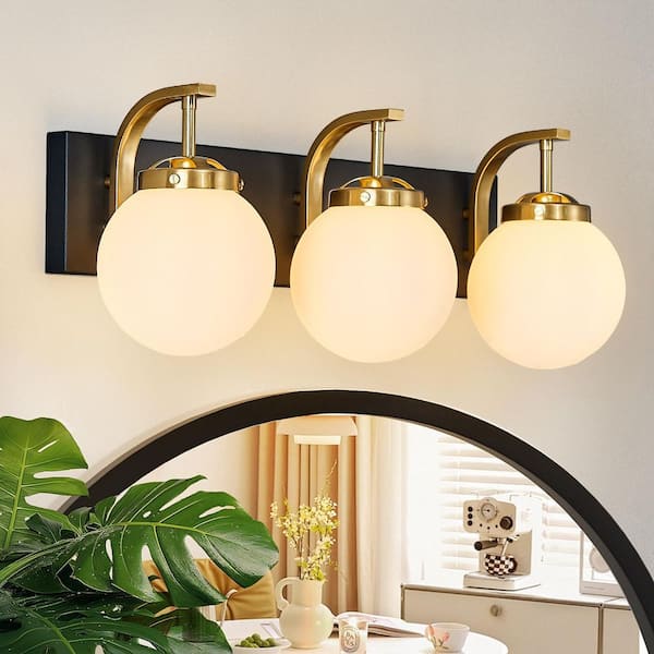 Home Lighting 24.40 in. 3-Light BlackGold Modern Milk White Glass Globe Shade Vanity Light Over Mirror For Bathroom