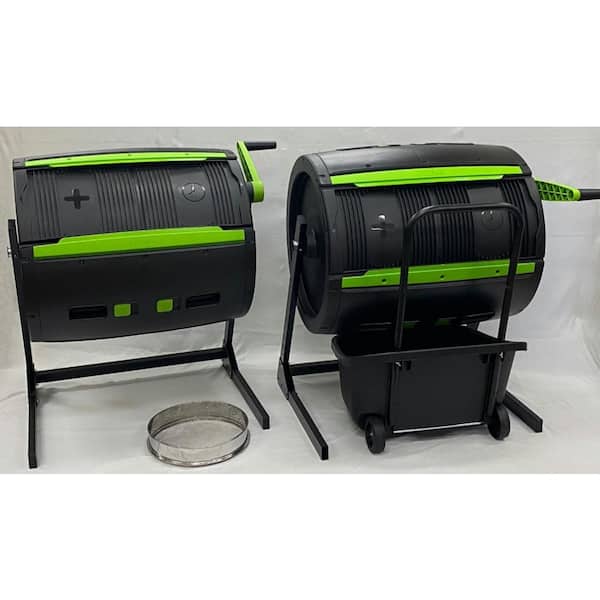 Unbranded Two 65 Gal. 2-Stage Composter Tumbler with Composting Cart	and 141 oz. Capacity 16 in. Round Steel Compost Sifter