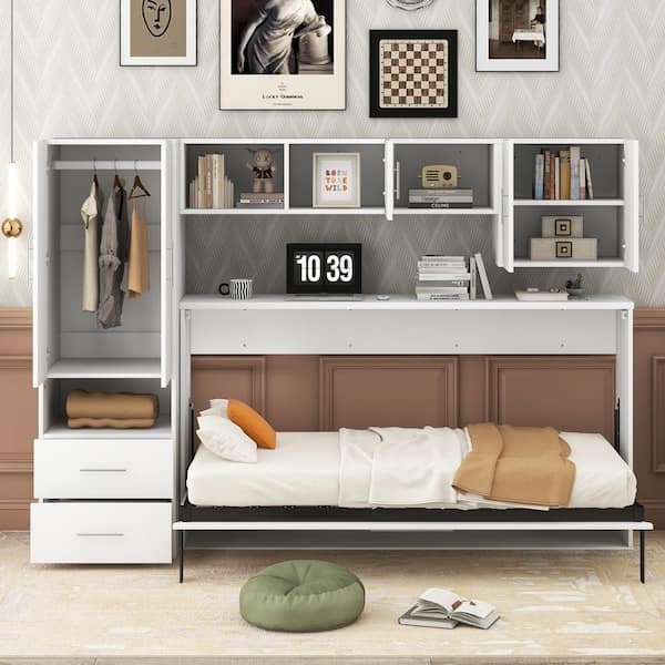 Harper & Bright Designs White Wood Frame Twin Size Murphy Bed, Wall Bed with Open Shelves, 2-Drawer, Built-in Wardrobe, Table