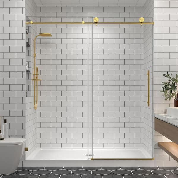 55 to 60.8 in. W x 76 in. H Sliding Frameless Shower Door in Brushed Gold Finish with Clear Tempered Glass
