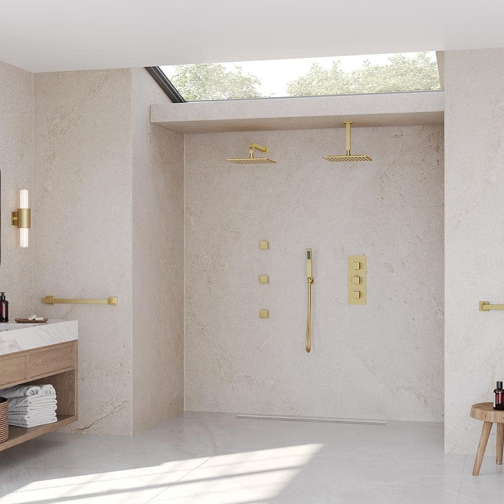 Grandjoy Brushed Gold Dual Shower Head System with Handheld Spray and Jets