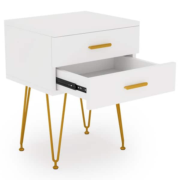 Tribesigns White Gold Wood Nightstand with 2 Drawers, Bedside Table with Hairpin Metal Legs 15.75 in. D x 19.69 in. W x 26 in. H