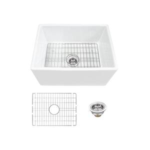 Farmhouse Apron Front Fireclay 24 in. Single Bowl Kitchen Sink in White with Grid and Strainer