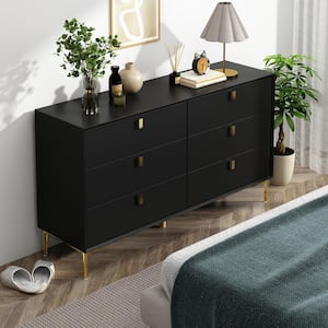 Black Wooden 6-Drawers, 55.1 in. W x 15.7 in. D x 31.1 in. H, Dresser, Chest of Drawers, Vanity, without Mirror