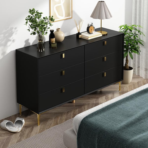 FUFU GAGA Black Wooden 6 Drawers 55.1 in. W x 15.7 in. D x 31.1 in. H Dresser Chest of Drawers Vanity without Mirror LBB KF020311 01