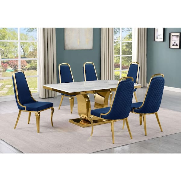 Best Quality Furniture Ada 7-Piece Rectangle White Marble Top With Gold Stainless Steel Dining Set With 6-Navy Blue Velvet Chrome Iron Chairs