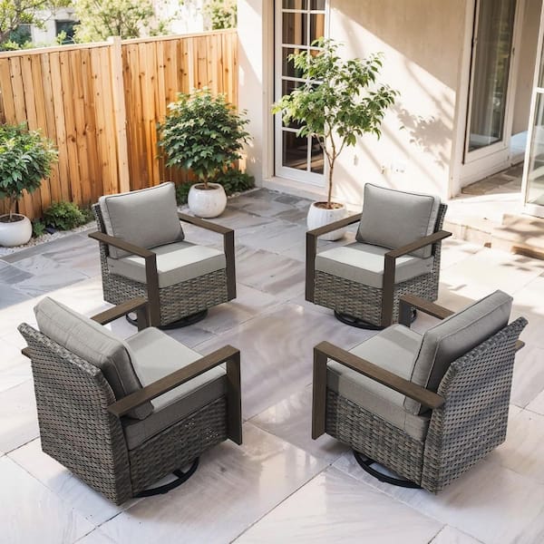 Kove 4-Piece Gray Wicker Outdoor Rocking Chair Patio Conversation Swivel Glider Set with Gray Cushions
