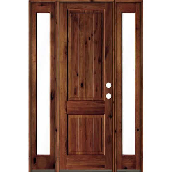 Krosswood Doors 58 in. x 96 in. Rustic Alder Square Red Chestnut Stained Wood V-Groove Left Hand Single Prehung Front Door