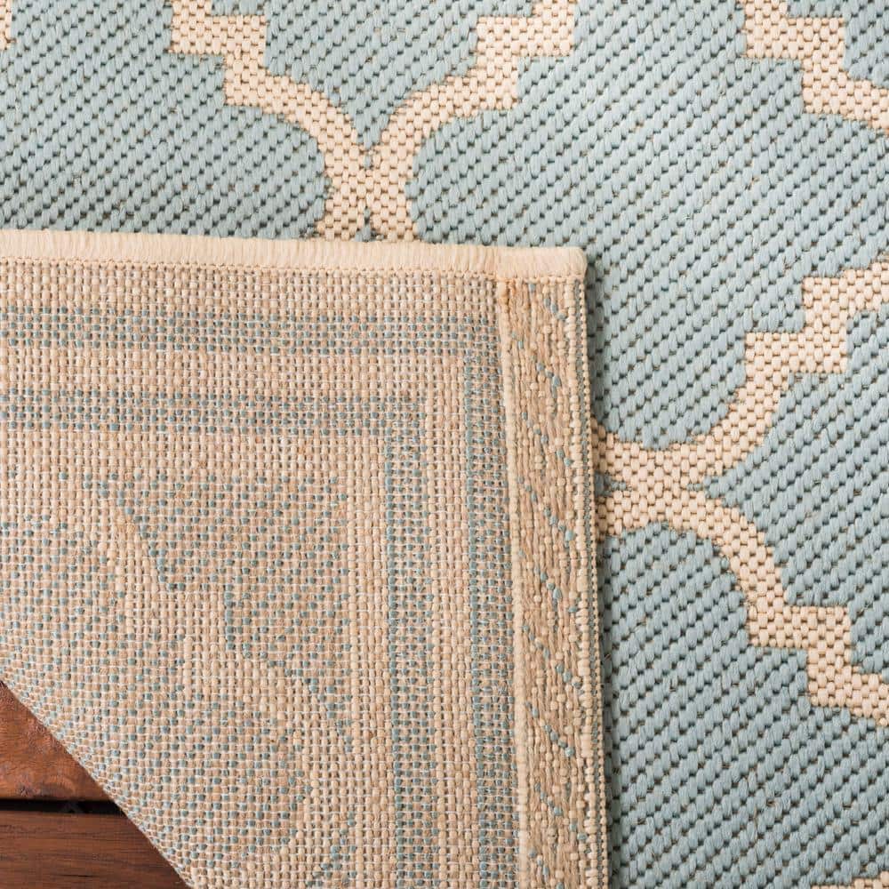 Aqua and Cream Geometric Washable Round Rug