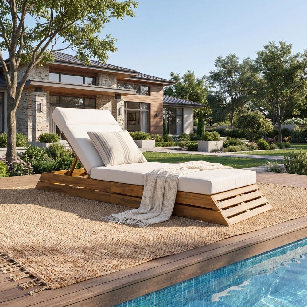 Avinto Teak Finish Acacia Wood Outdoor Patio Chaise Lounge with Cream 4-Fold Cushion, Adjustable Backrest