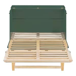 Green Wood Frame Full Size Murphy Bed with Large Drawer, Rattan Decoration