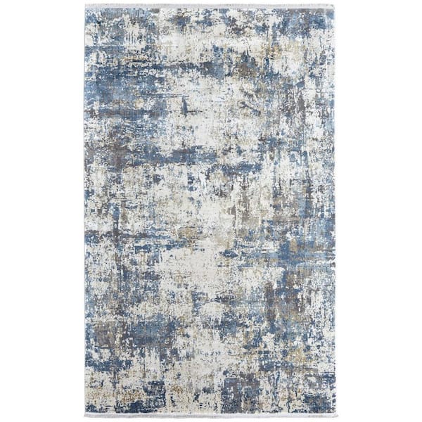 5 X 8 Ivory, Tan, Blue Abstract Area Rug