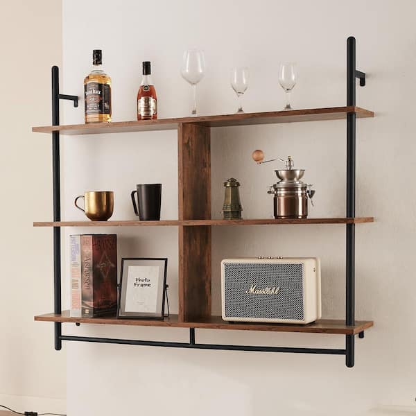 Industrial Pipe Shelf 3 Tier 9.45 in. W x 41.34 in. D Brown Wood Solid Decorative Wall Shelf Rustic Wood Shelves Bracket