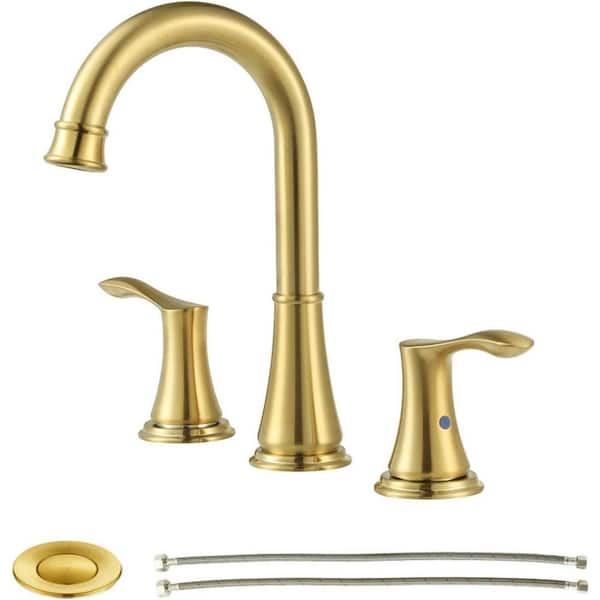 Dyiom Bath Accessory  Double Handles Bathroom Faucet with Metal Pop Up Drain and cUPC Faucet Supply Lines, Brushed Gold