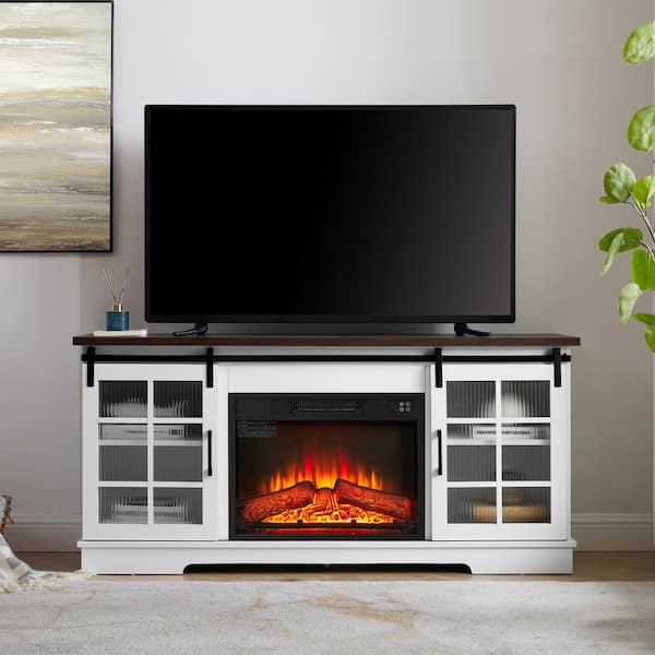 59 in. Freestanding Sliding Door TV Stand with 23 in. Fireplace, Large Storage Cabinet,TV up to 65 in.,White