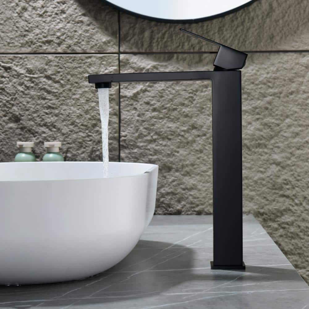 Matte Black Tall Single Handle Vessel Sink Faucet with Pop-Up Drain