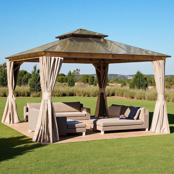 12 ft. x 12 ft. Wood Grain Aluminum Double Galvanized Steel Roof Gazebo with Ceiling Hook, Mosquito Netting and Curtains