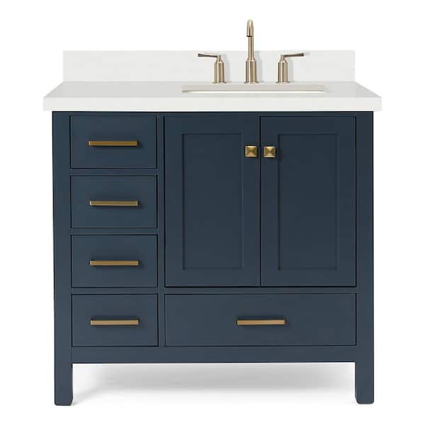 Cambridge 36 in. Single Sink Freestanding Bathroom Vanity in Midnight Blue with Pure White Quartz Top