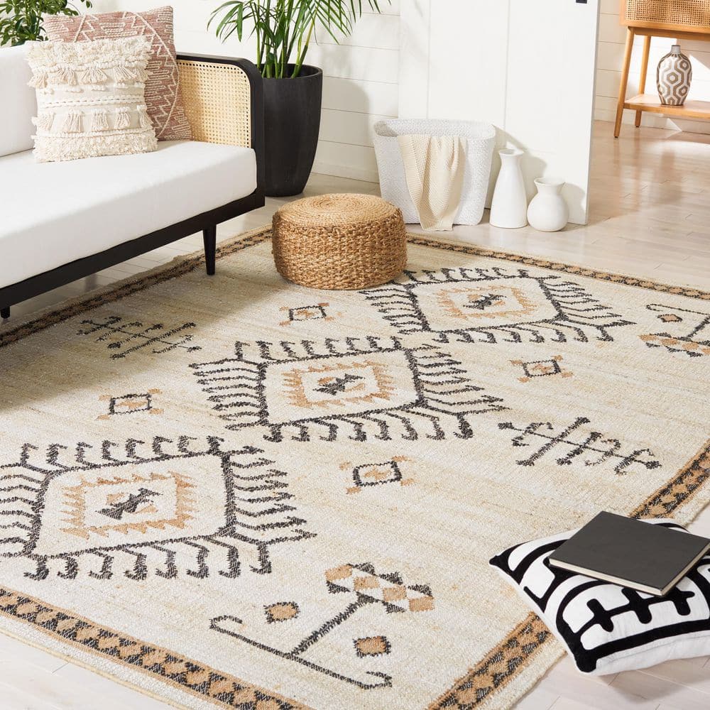 Ivory and Black Handmade Wool Tribal Area Rug, 9' x 12'