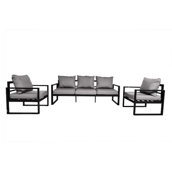 URTR Black 3-Piece Metal Outdoor Sectional Set, Patio Sofa Set 2 Single Armchairs and One 3-Seater Sofa with Gray Cushion