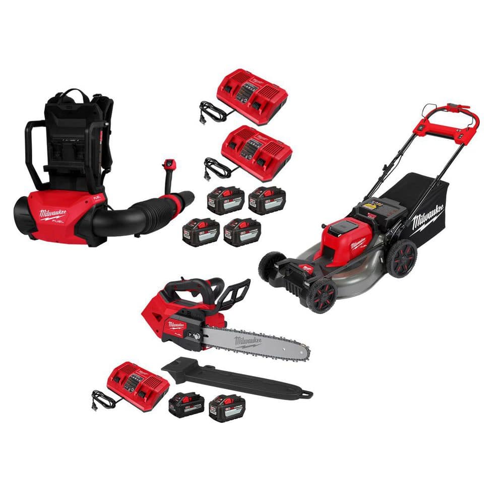 MILWAUKEE M18 FUEL 155 MPH 650 CFM 18V Brushless Cordless Dual Battery Backpack Blower Kit w/ M18 Mower, M18 Top Handle Chainsaw (3009-24HD-2823)