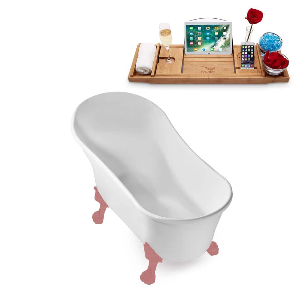 59" Glossy White Acrylic Clawfoot Bathtub with Matte Pink Feet