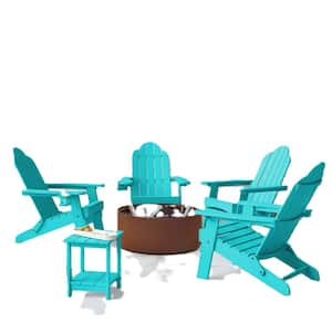 Aruba Blue Folding Outdoor Plastic Adirondack Chair with Cup Holder Weather Resistant Patio Fire Pit Chair Set of 4
