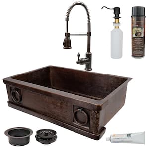 33 in. Hammered Copper Kitchen Farmhouse Apron Single Bowl Sink with Rings and ORB Accessories