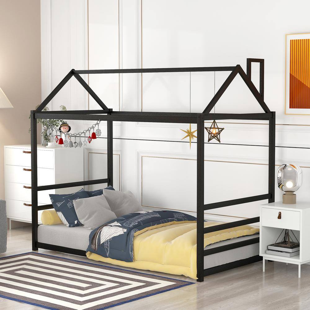 Polibi Black Metal Frame House Twin Platform Bed With Roof And Chimney ...