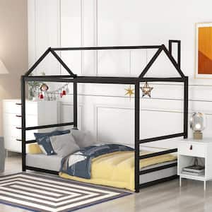 Black Metal Frame House Twin Platform Bed with Roof and Chimney Design