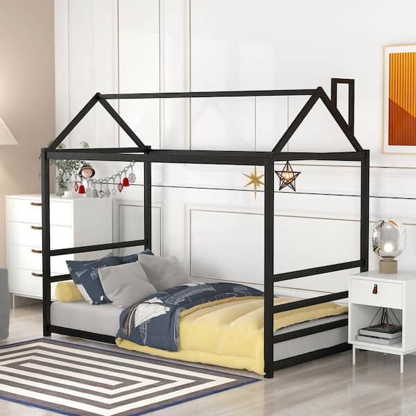 Polibi Black Metal Frame House Twin Platform Bed with Roof and Chimney Design