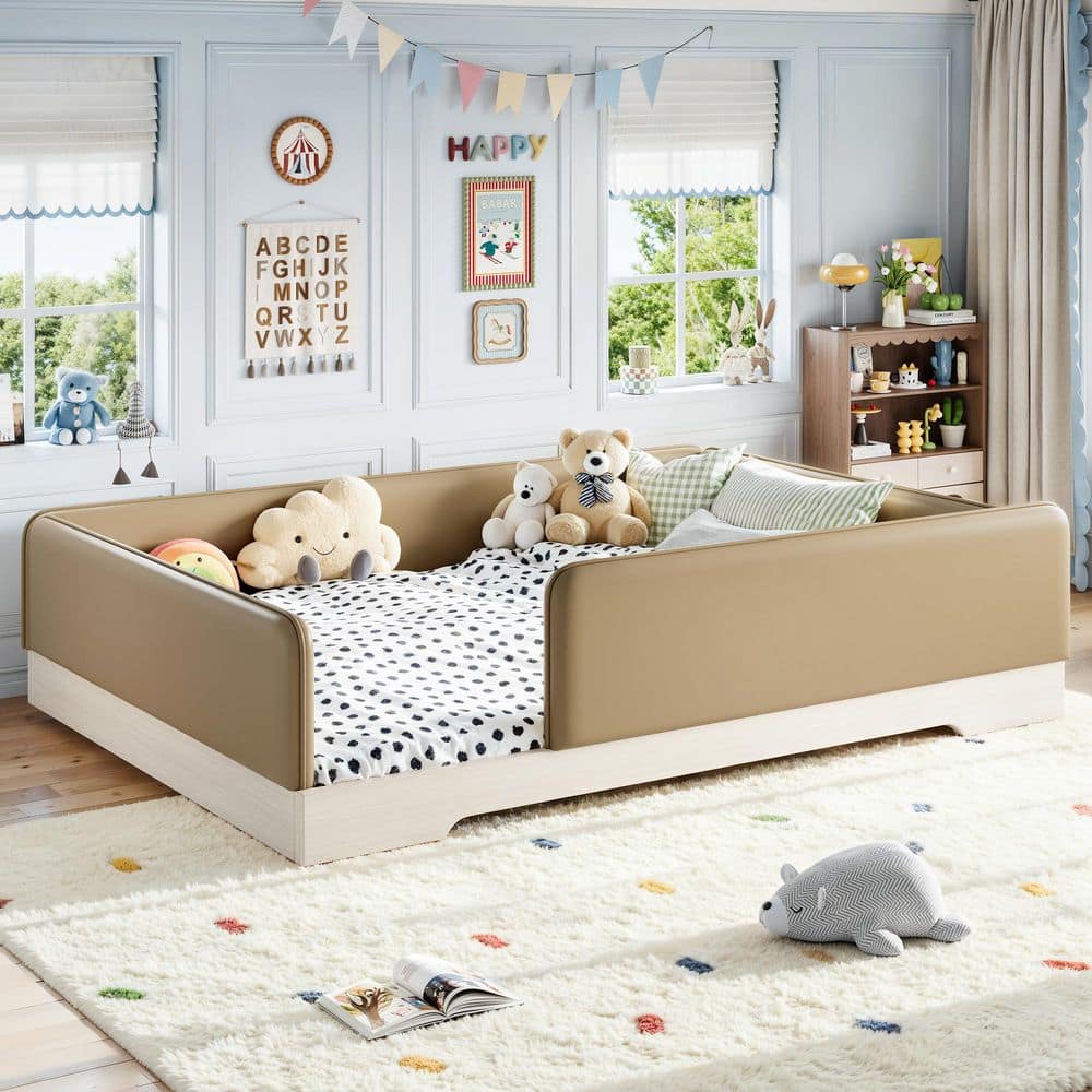 Brown Queen Size Faux Leather Upholstered Kids Floor Bed with Removable Guardrails price history on PriceWatchPro