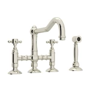 Country Kitchen 2-Handle Bridge Kitchen Faucet with Cross Handles in Polished Nickel