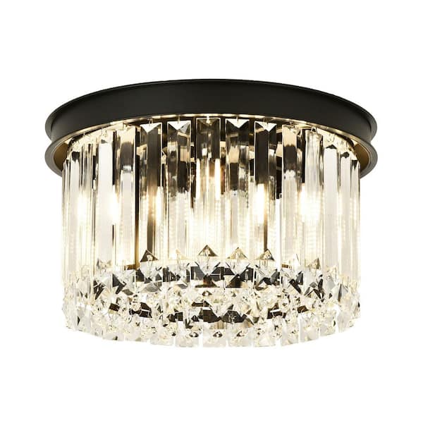 Henveton Essel 11.81 in. 4-Light Black Modern Crystal Semi-Flush Mount Ceiling Light with Drum Shade And No Bulbs Included
