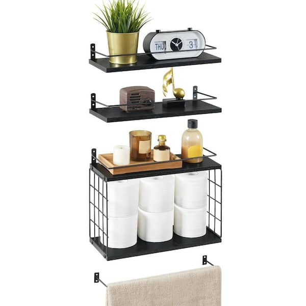 Unbranded 14.7 in. W x 5.8 in. D 4 plus 1-Tier Floating Shelves Shelves Over Toilet with Wire Storage Basket Decorative Wall Shelf
