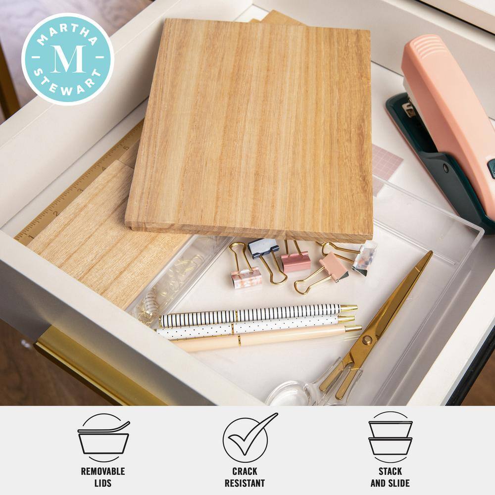 Clear Plastic Storage Organizer Bins with Light Wood Lids, Set of 3
