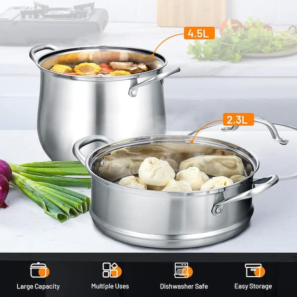 Bunpeony 2-Tier 6.2 qt. Premium Stainless Steel Steamer Pot with Tempered Glass Lid