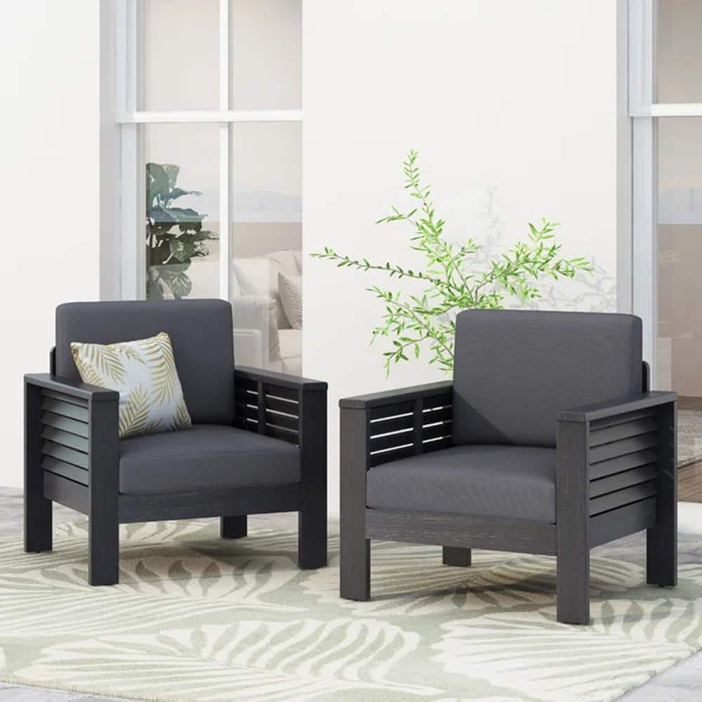 2-Pack Wood Outdoor Dining Chair with Gray Cushion Club Chairs
