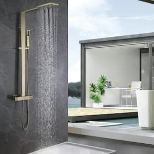 Thermostatic 2-Spray Wall Bar Shower Kit with Hand Shower in Brushed Gold