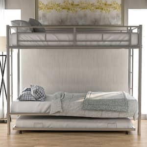 Silver Twin Size Metal Bunk Bed with Trundle Twin Over Twin Bunk Bed Frame with 2-Ladders and Safety Rails for Kids