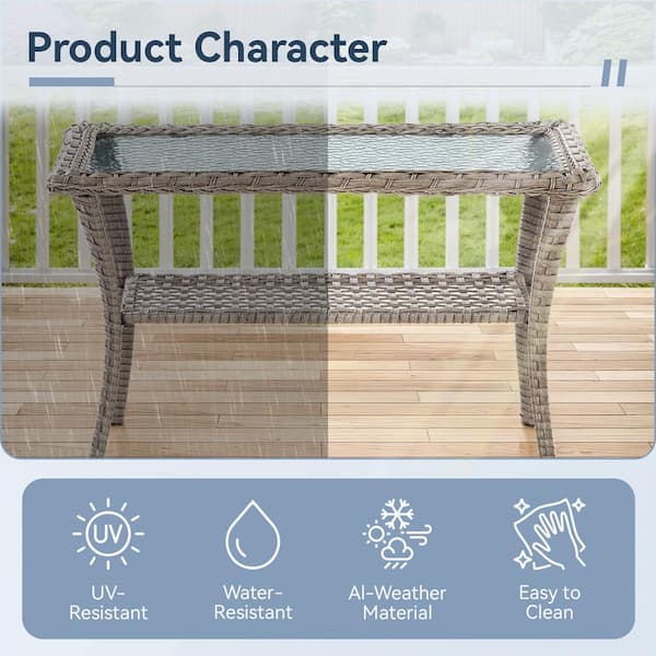 Farmhouse Gray Rectangle Wicker Outdoor Coffee Table with Tempered Glass Top and Storage Space
