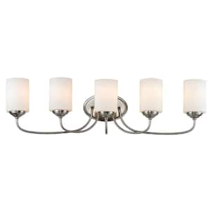 Cardinal 34.75 in. 5-Light Brushed Nickel Vanity Light with Matte Opal Glass Shade with No Bulbs Included